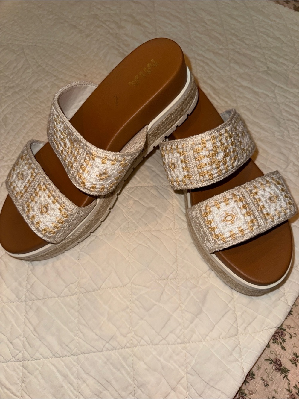 MIA Cream and Brown Two-Strap Woven Slide Clogs